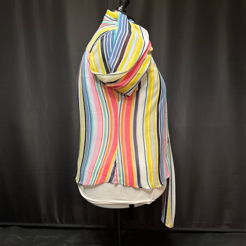 New York & Company Rainbow Sheer Vertical Stripes Tie-Neck Blouse | Size XL - Picture 12 of 16